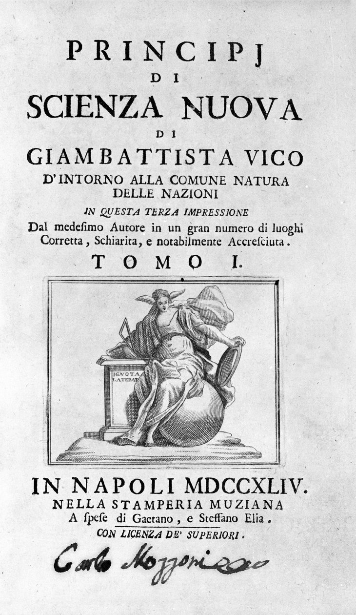 Giambattista Vico. Også kaldet Giovanni, Gian Battista, Jean Baptiste eller Jean-Baptiste. Frontispice af "" The New Science "" af Unknown artist