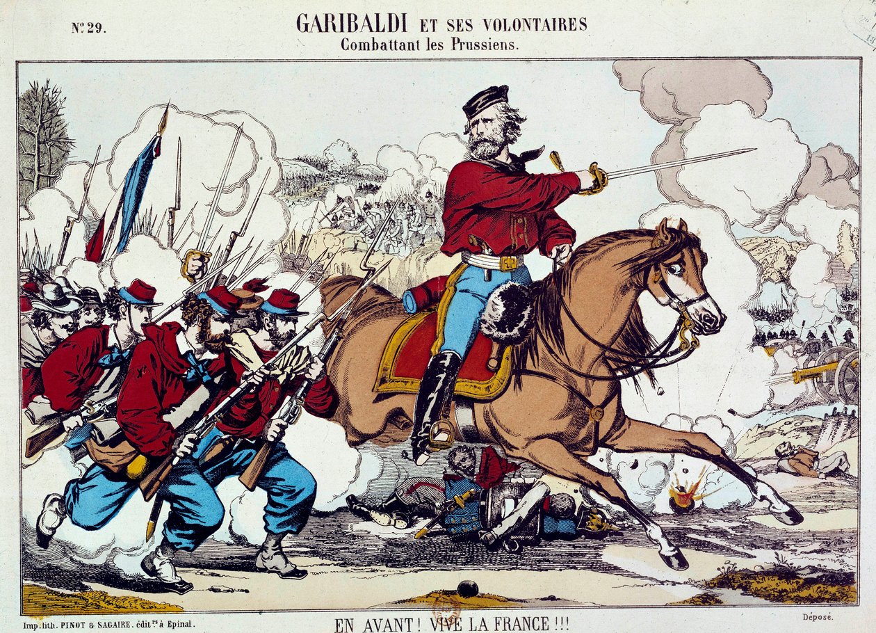 Giuseppe Garibaldi (1807-1882) kæmper med sine frivillige mod preusserne. ”Frem, længe leve Frankrig” Omkring 1871. Stik B.N. Paris af Unknown artist