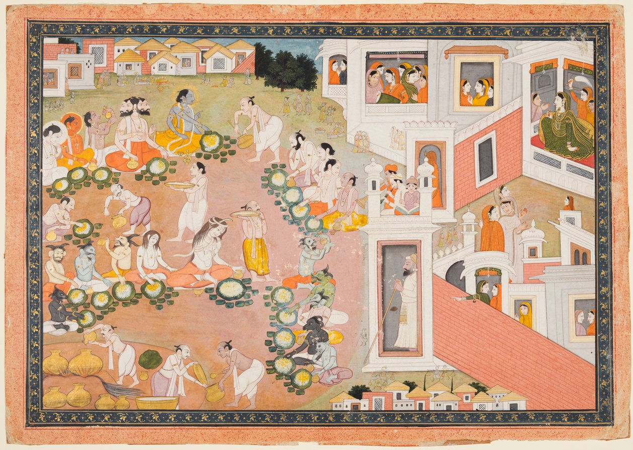 Guder, rishier og dæmoner ved højtiden for Ramas fødsel, fra en Ramayana af Unknown artist