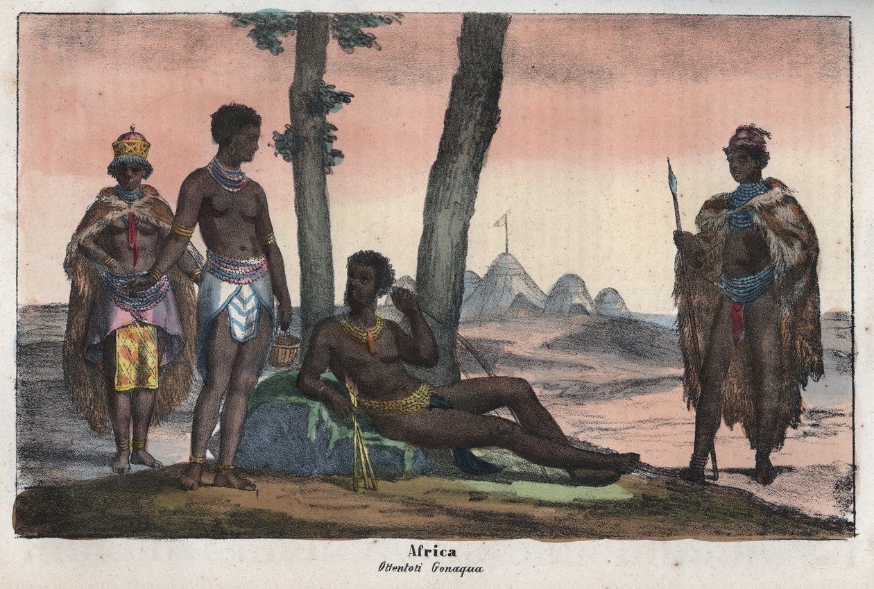 Gonqui Hottentots of the Cape - gravering fra "" Skikke og traditioner for alle folk i universet. Det vil sige historien om regeringen, lovene, militsen, om alle nationers religion fra de fjerneste tider til i dag "1856 af Unknown artist