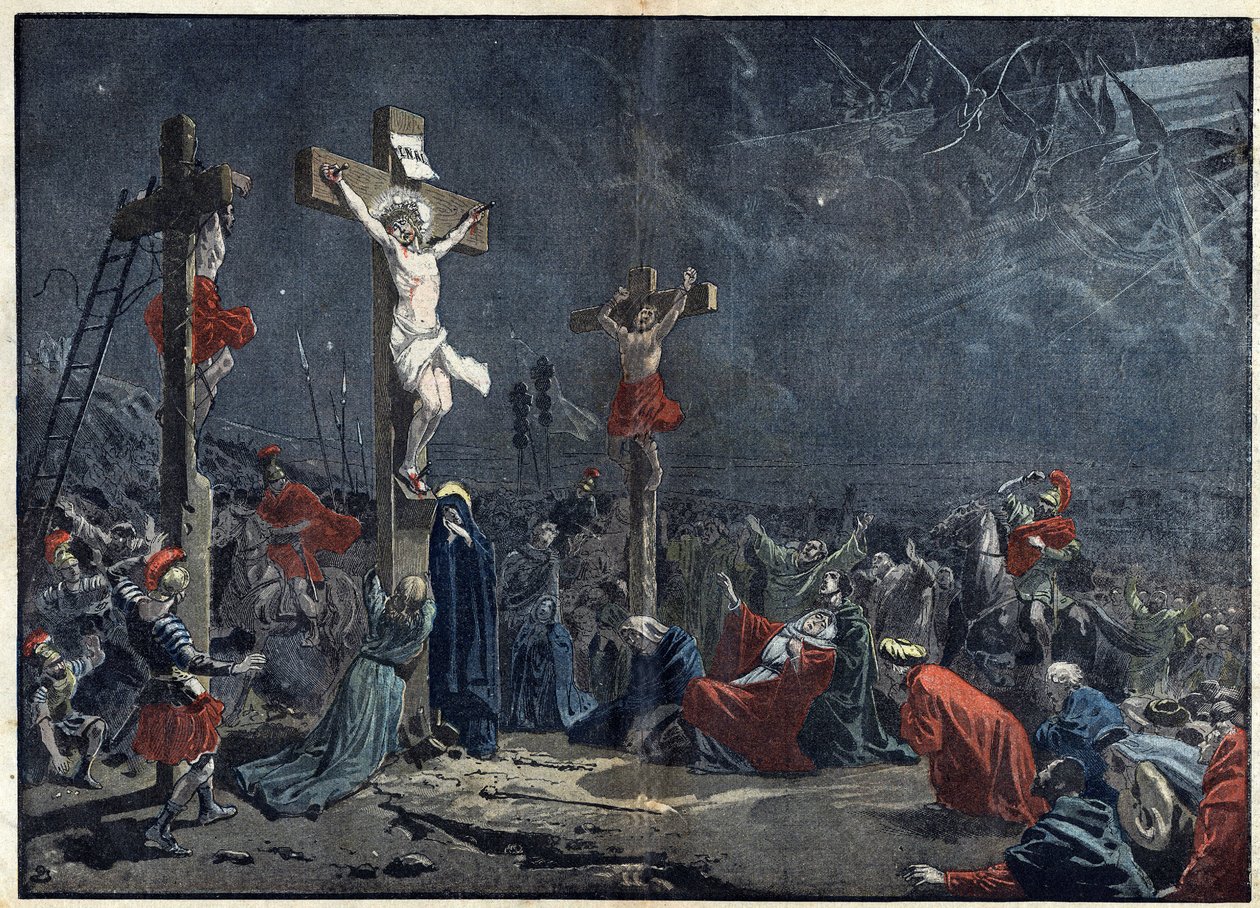 Langfredag: Jesu Kristi korsfæstelse (Jesus Kristus). Illustration i "" le Pelerin"" af 3. april af Unknown artist