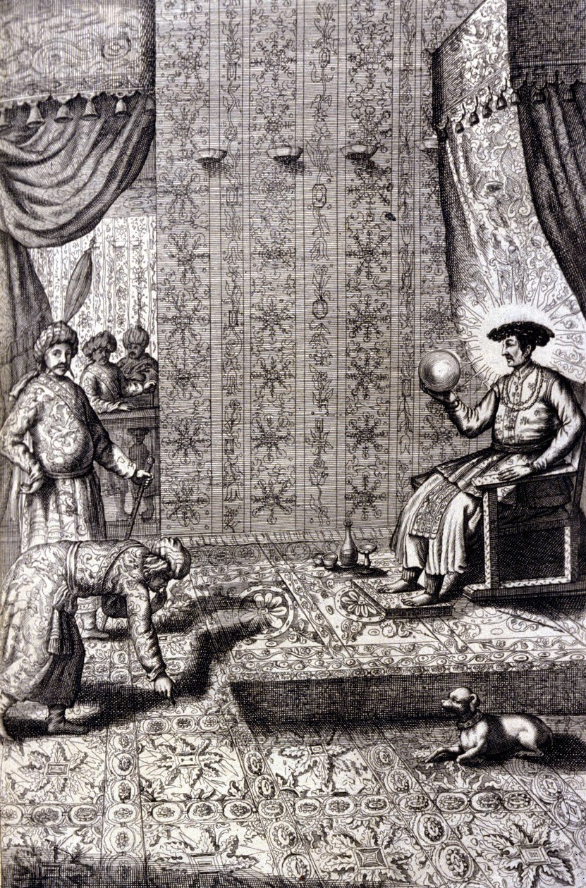 Grand Moghol (Mogol eller Moghul) (sandsynligvis Aurangzeb (1618-1707), også kendt som Alamgir): Throne Hall. “De China Monumenta” af Athanasius Kircher (1601 - 1680), jesuit, orientalist og tysk lærd, Amsterdam 1667. af Unknown artist
