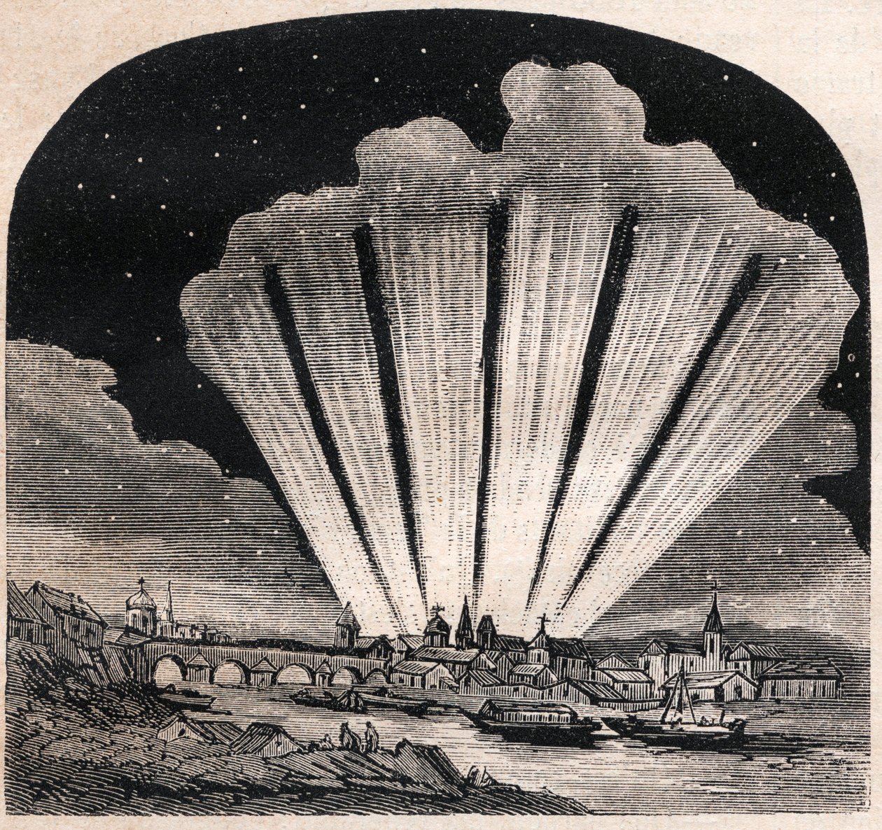 Store komet fra 1744 (C/1743 X1) - Grande comete a six tails de 1744 - Comete de Cheseaux eller Comete Klinkenberg-Cheseaux - gravering omkring 1867 af Unknown artist