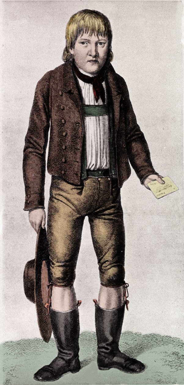 Store gåder: portræt af Gaspard (Kaspar) Hauser med tilnavnet Europas forældreløse på tidspunktet for hans optræden i Nürnberg omkring en alder af 16, den 26/05/1828. Det blev antaget fra en berømt familie, men dens oprindelse forbliver mystisk. Gravering  af Unknown artist