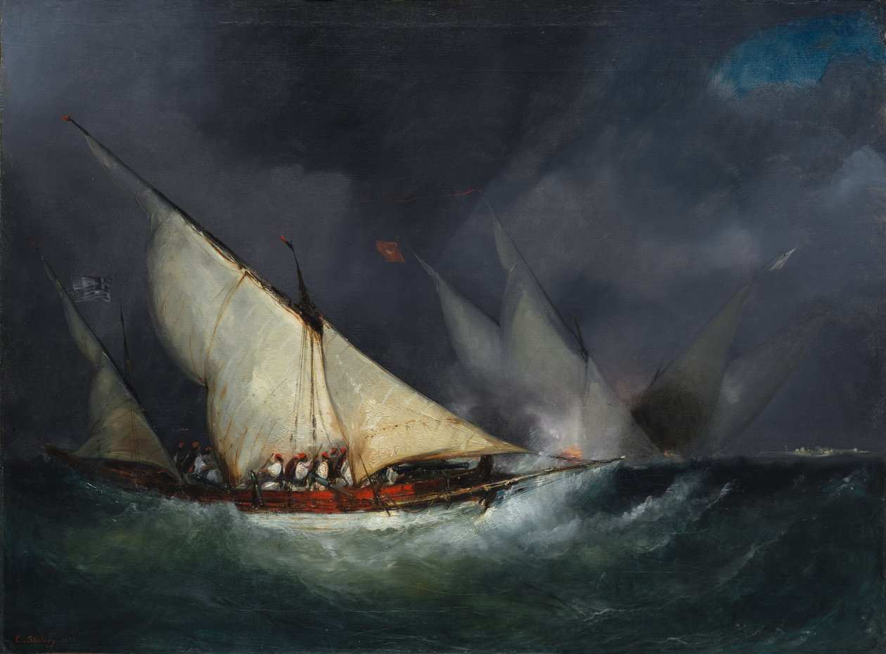 Græske pirater angriber et tyrkisk fartøj af Unknown artist
