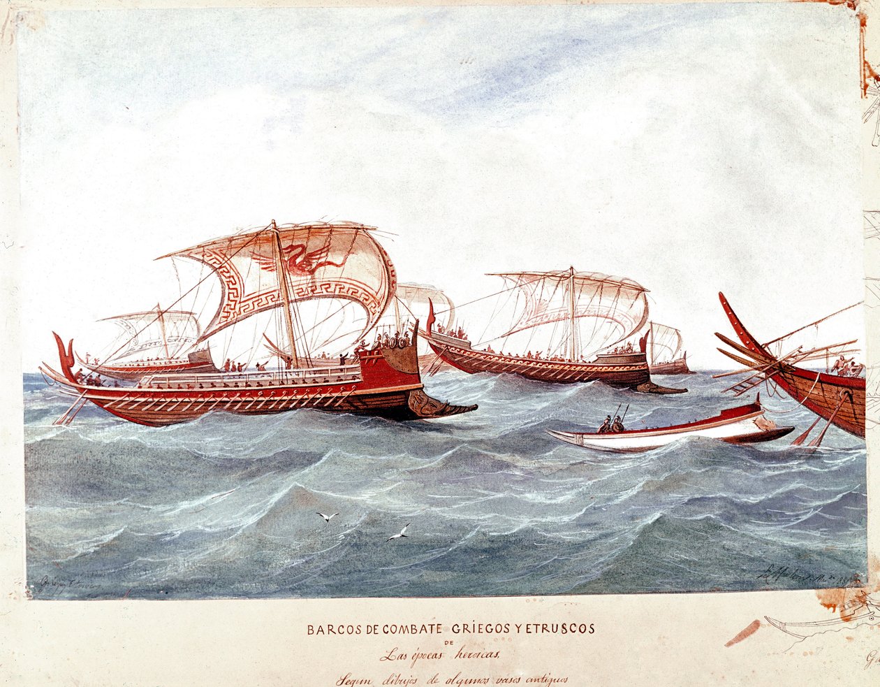 Græske og etruskiske krigsskibe (Akvarel af Unknown artist