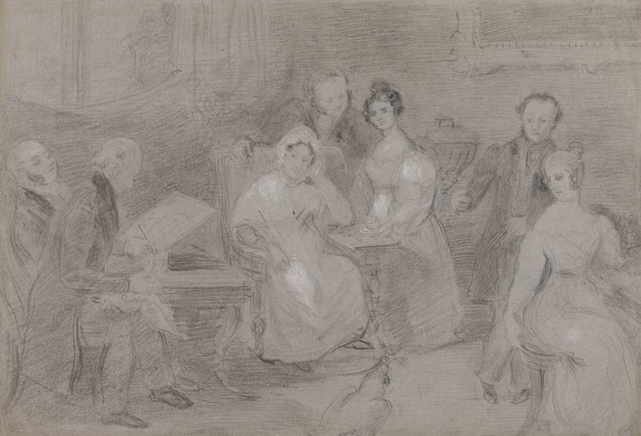 Gruppe af figurer, med en mand, der maler i akvareller, og en pige, der rækker kopper te af Unknown artist
