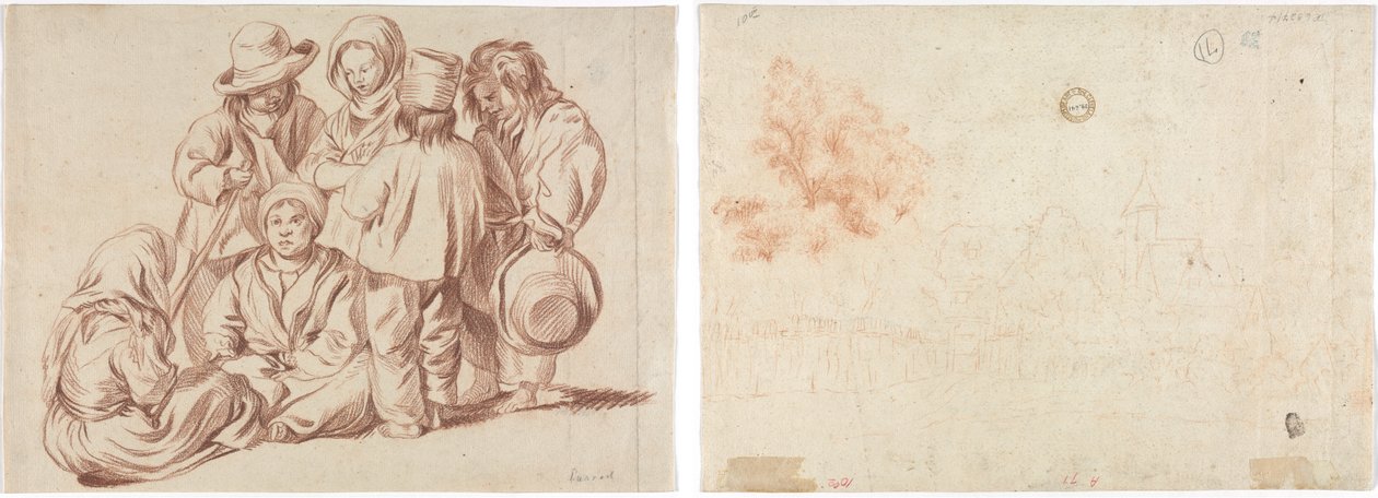 Gruppe på seks børn (recto); Skitse af en landsby (verso) af Unknown artist