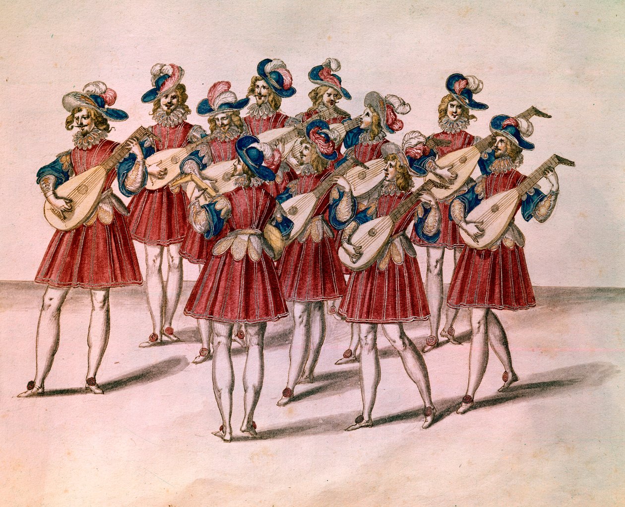 Gruppe af musikere, der spiller lut. Akvarel og pen af Daniel Rabel (1578-1637) fra albummet "Chateau de Bicetre" 1600-tallets Paris, Louvre-museet af Unknown artist