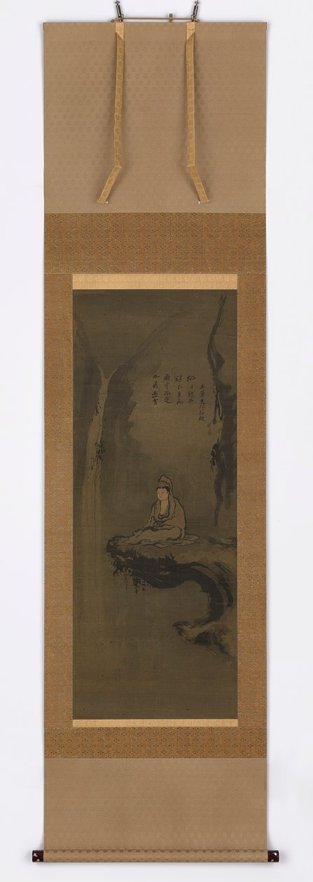 Guanyin, hvid beklædt, siddende på en overhængende klippe af Unknown artist
