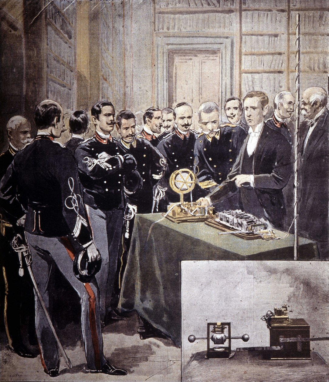 Guglielmo Marconi præsenterede den trådløse telegraf (TSF) på en konference i ministeriet for flåde i 1897. af Unknown artist