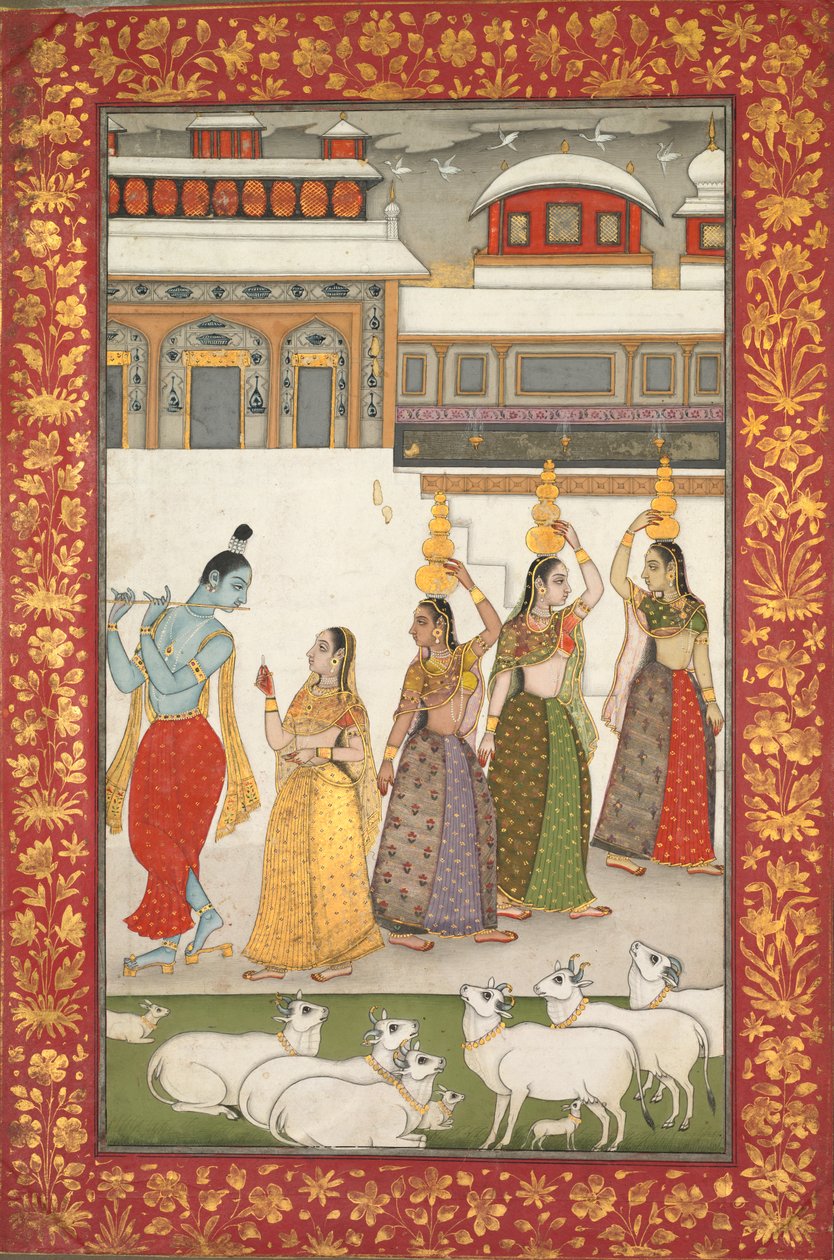 Gujari Ragini (Krishna with Gopis Playing the Flute), fra en Ragamala-serie af Unknown artist