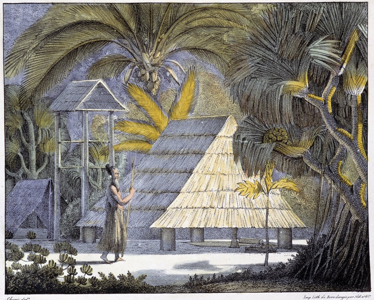 Habitat på Radak-øerne, Marshalløernes øhav. 1800-tals gravering. af Unknown artist