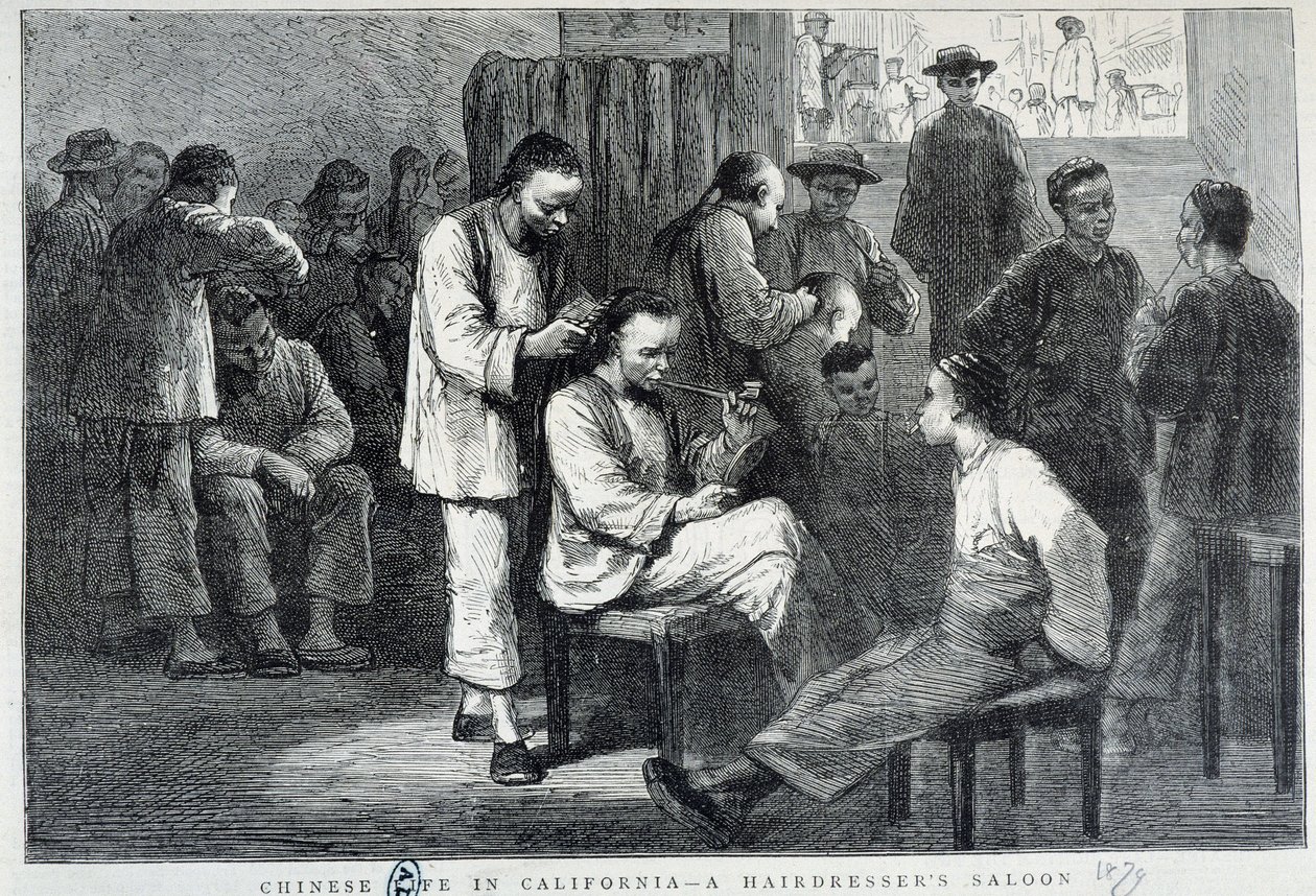 Frisørsalon i det kinesiske samfund i Californien - gravering af Unknown artist