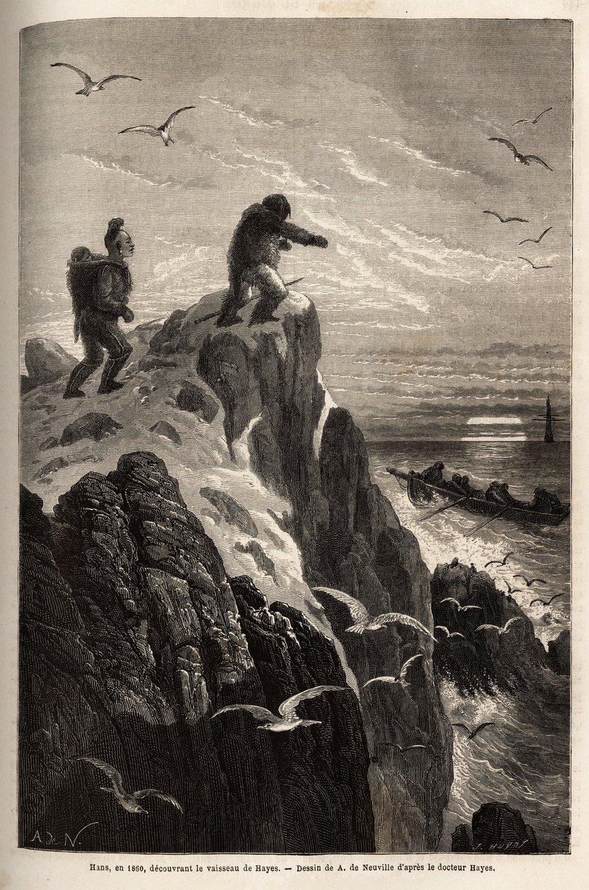 Hans, en jæger, der havde ledsaget lægerne Hayes og Kane på en tidligere arktisk ekspedition, inden han forlod dem for at slå sig ned i en Eskimau-landsby, signalerer Hayes
