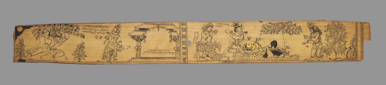 Hanuman bringer bjerget af helbredende planter; Rama uddrager pilen fra Lakshmana, mens Hanuman og en bjørn forbereder sig på at behandle ham (recto), fra en romantik om Chandrabhanu og Lavanyavati af Upendra Bhanja (indisk, død 1740) af Unknown artist