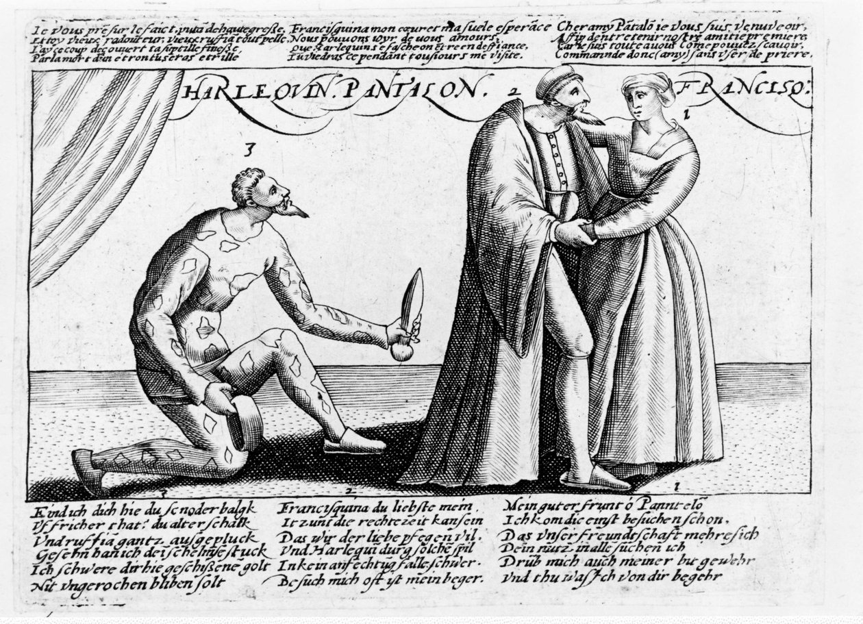 Harlekinhanrej. Serie af graveringer af et stykke spillet i Frankrig i slutningen af det 16. århundrede med temaet Harlequins og Franceschinas kærlighedsskam. af Unknown artist