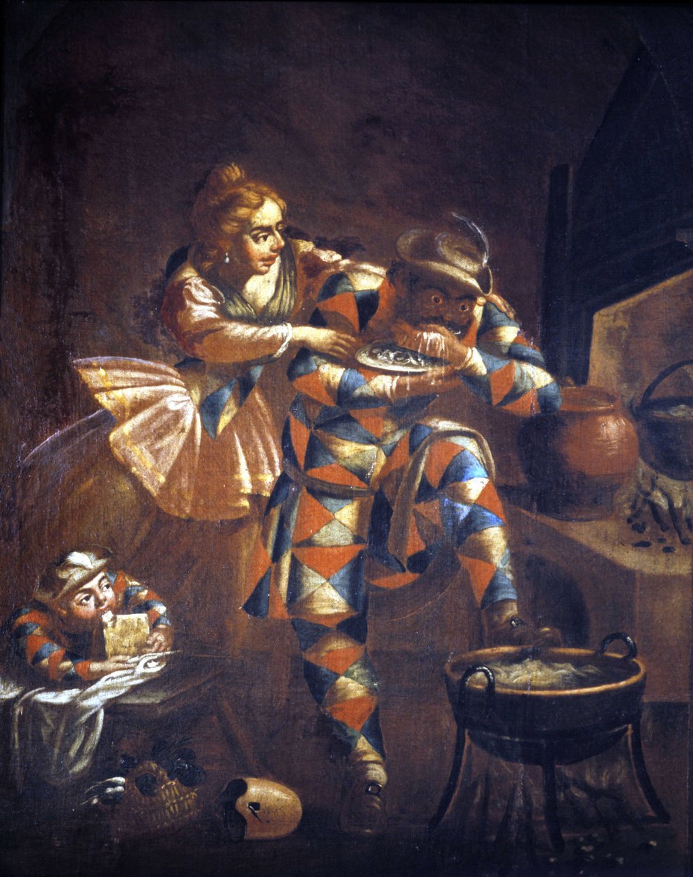 Harlekin fråser. Han forsøger altid at fange noget at spise, et symbol på tidligere århundreders elendighed. Maleri 1700-tallet. . Milano af Unknown artist