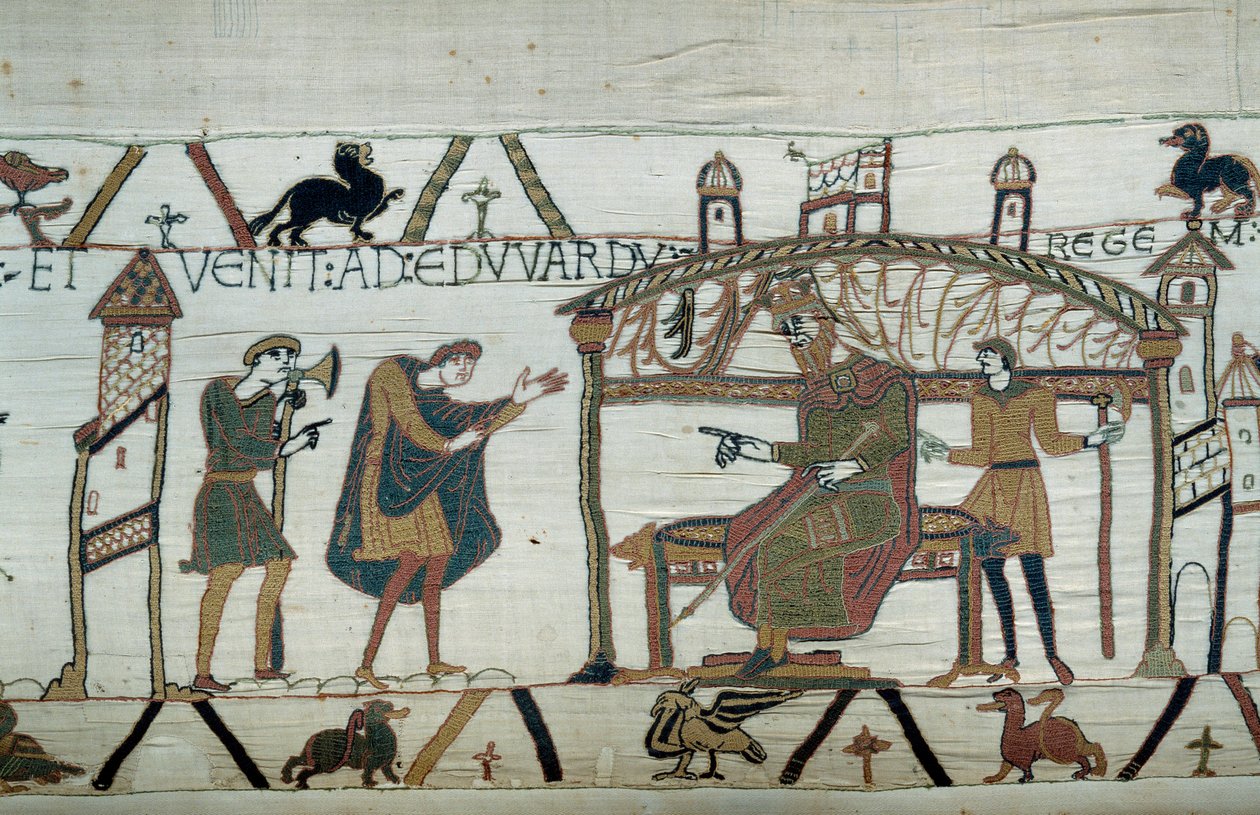 Harold, der vendte tilbage til England efter sin ambassade hos hertugen Vilhelm Erobreren (1027-1087), reciterede sin rejse til kong Edvard Confessor Detalje af Bayeux-tapetet eller Broderi af Dronning Mathilde af Unknown artist