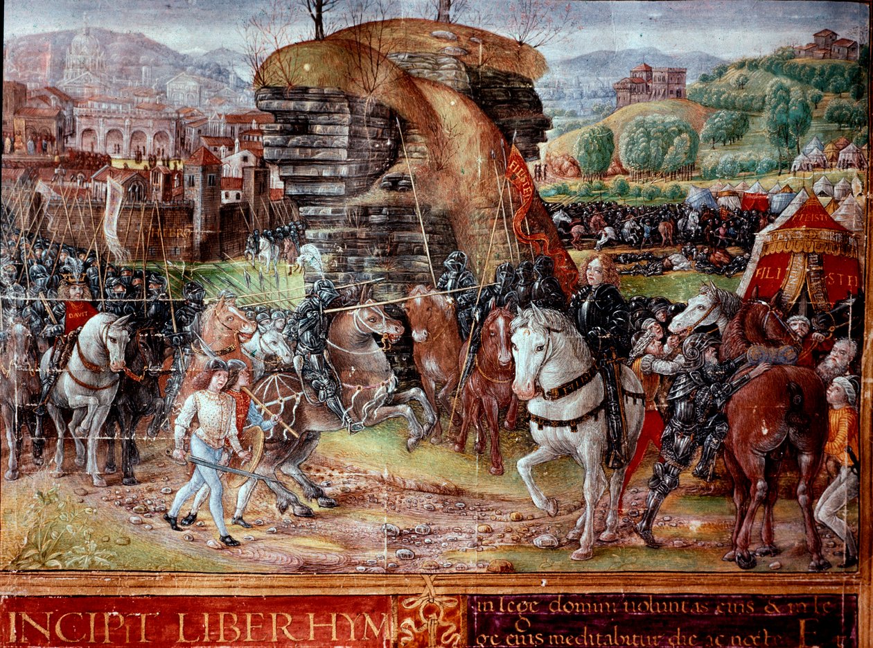 Hebraiske riddere ledet af David går på miniaturefilisterne fra manuskriptet Ms. Plut. 17/15, f. 3 "" Incipit Liber Hymnorum"" Firenze fra det 15. århundrede, Biblioteca Laurenziana, af Unknown artist