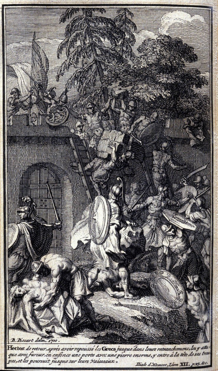 Hector, som vender tilbage efter at have skubbet grækerne tilbage til deres skanser, angriber dem med raseri, synker en dør med en enorm sten, går ind i den i spidsen for sine tropper og forfølger dem til deres skibe. Illustration af bog XII af Iliaden af  af Unknown artist
