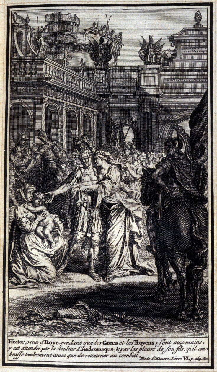 Hector, som kom til Troyes, mens grækerne og trojanerne var i deres hænder, var plaget af Andromaques smerte og af gråden fra sin søn, som han kyssede ømt, før han vendte tilbage til kampen. Illustration af bog VI af Iliaden af Homere, Fren af Unknown artist