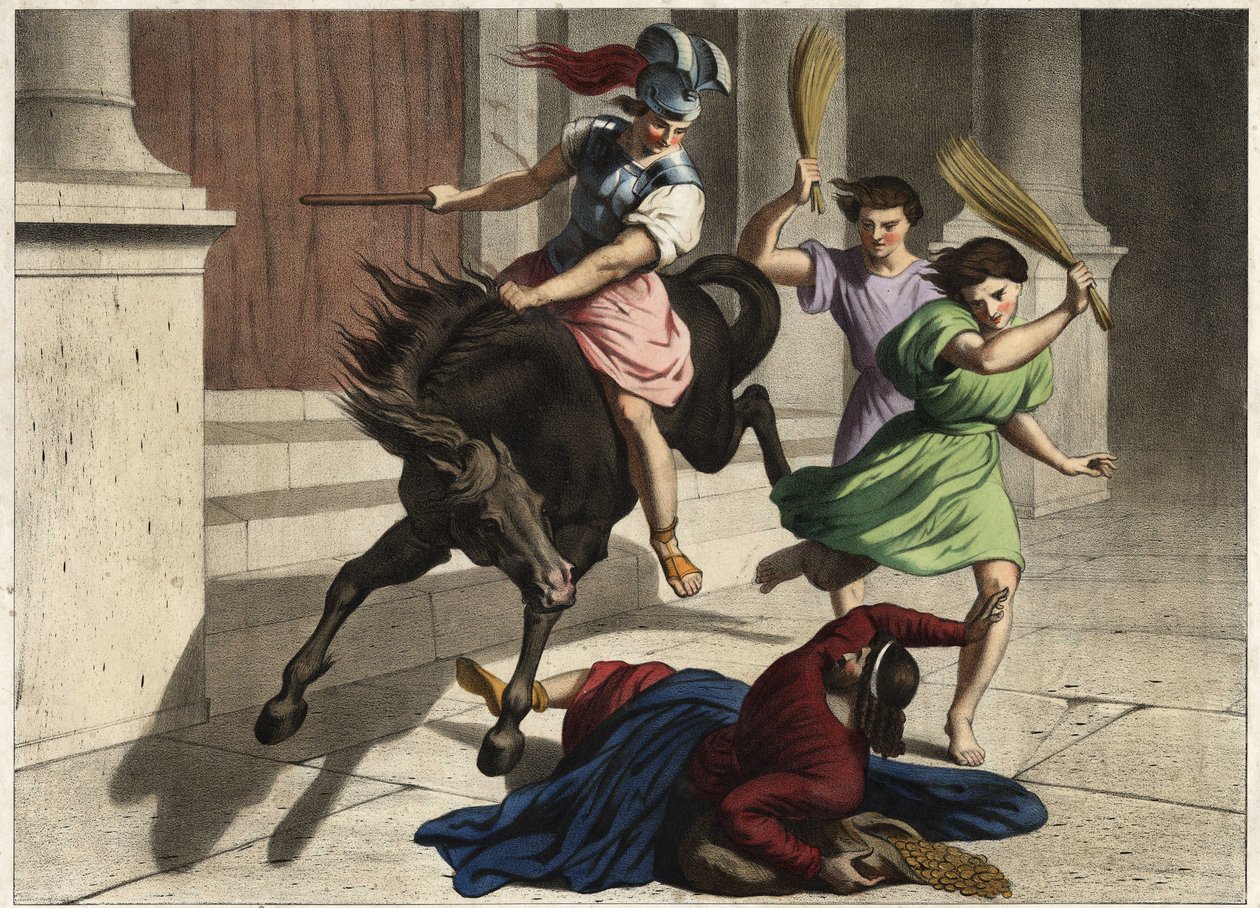 Heliodore (Heliodoros) blev drevet ud af templet: på ordre fra sin hersker forsøgte han uden held at gribe bekæmperne af Jerusalems tempel. Anonym stik fra midten af 1800-tallet. af Unknown artist