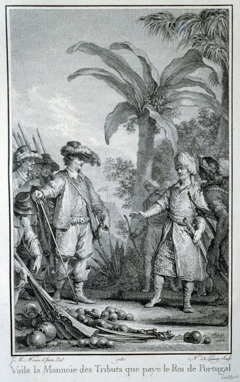 Her er den hyldestvaluta, som kongen af ​​Portugal betaler: portugisisk handel i kolonierne - i "Filosofisk og politisk historie om europæiske etablissementer og handel i de to Indien", af Guillaume Thomas Raynal, red. Skovl af Unknown artist