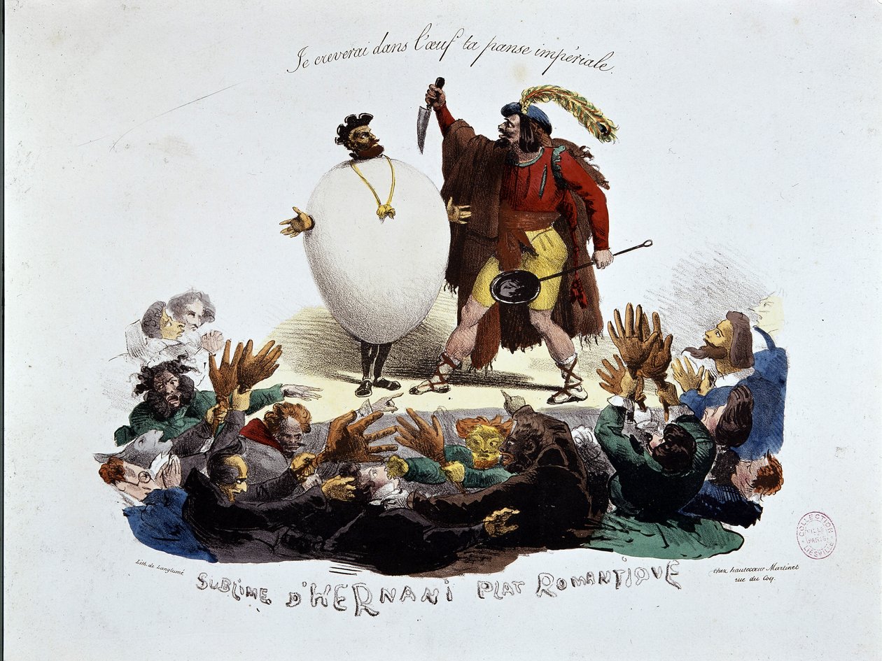 Hernanis sublime, romantiske ret - tegnefilm om Victor Hugos skuespil "" Hernani"" ("Slaget ved Hernani"), anonym litografi af Unknown artist