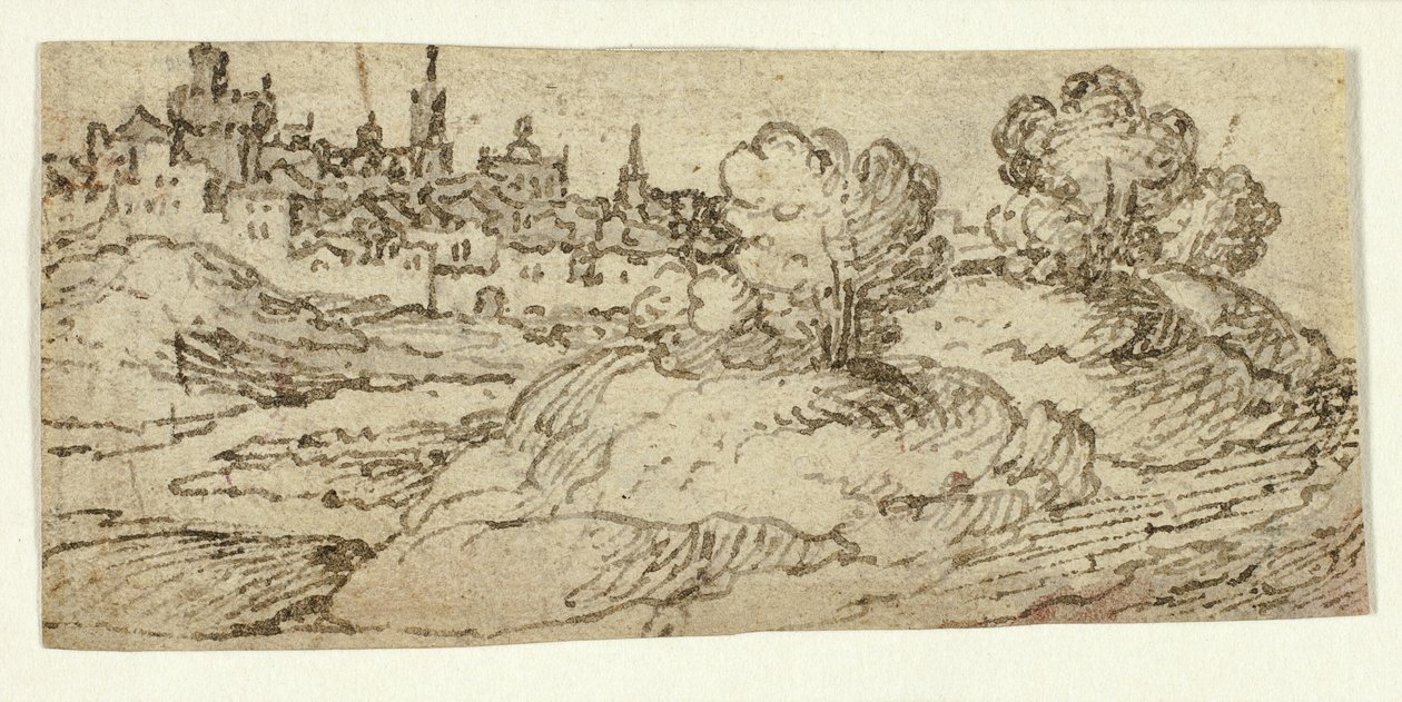 Hill Town med træer i forgrunden af Unknown artist