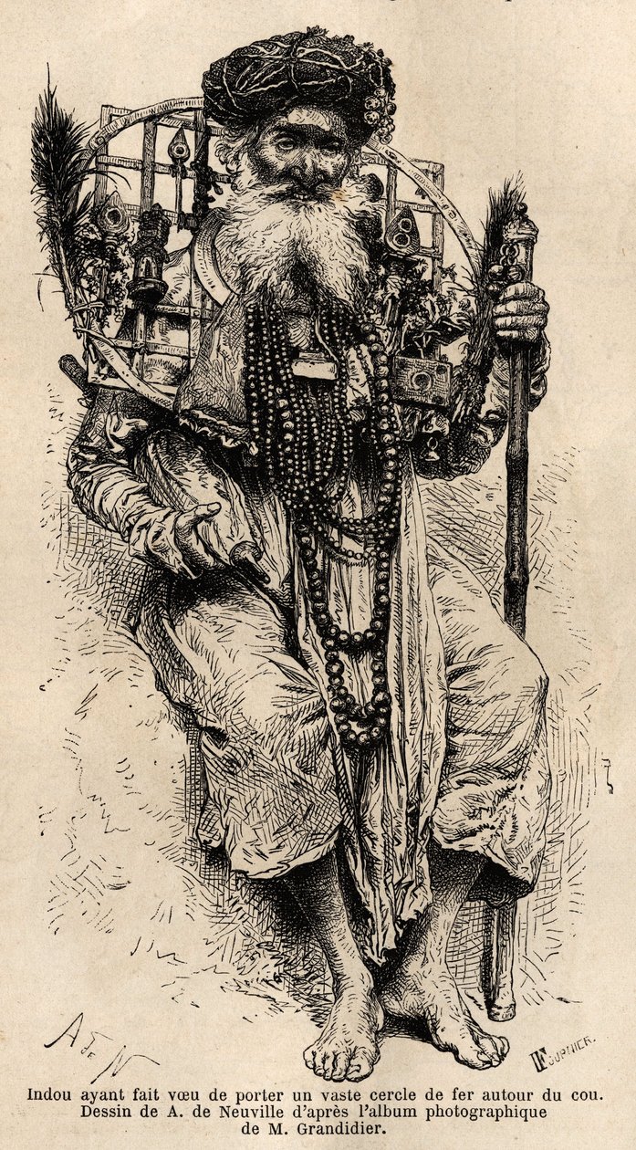 Hindu lovede at bære en stor cirkel af jern om halsen. Gravering til illustration af rejsen i Indiens meridionalprovinser, af Alfred Grandidier, i 1862-1864, udgivet i "" le tour du monde", under ledelse af D