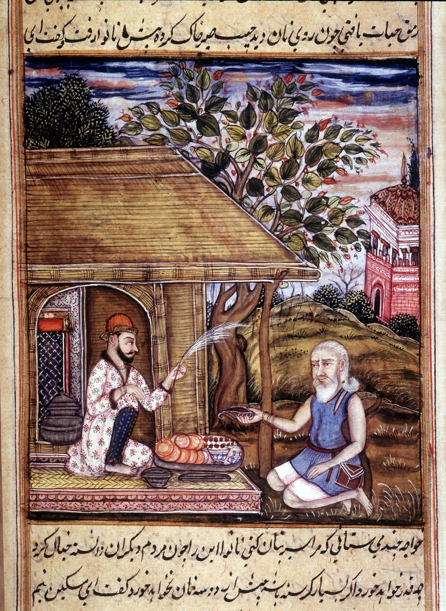 Hinduisme: repræsentation af en santon, der giver almisse. Miniature fra et manuskript fra 1400-tallet. af Unknown artist