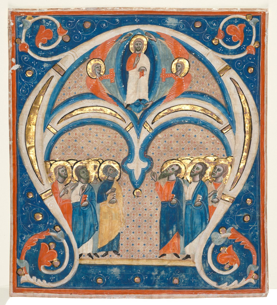 Historikeret initial (A) Udskåret fra et svarskrift: Kristus i majestæt med hellige af Unknown artist