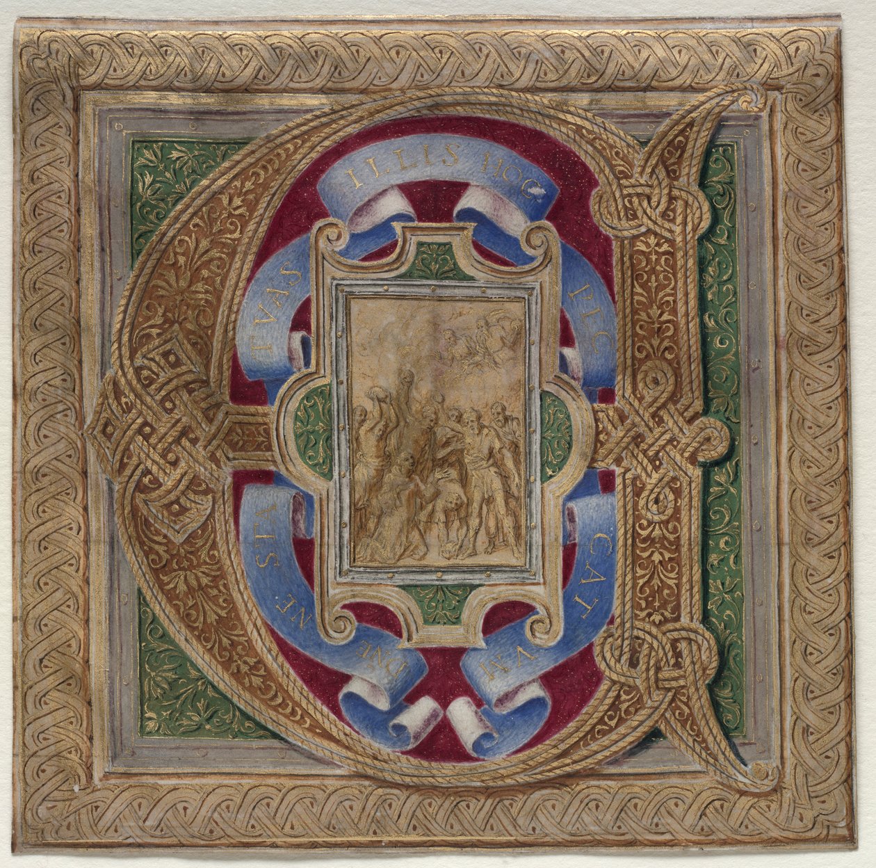 Historikeret initial (E) Udskåret fra Colonna-missalet: St. Stephens martyrium af Unknown artist