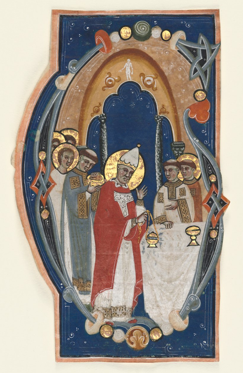 Historikeret initial (G) Udskåret fra en korbog: St. Gregory den Store fejrer messe af Unknown artist