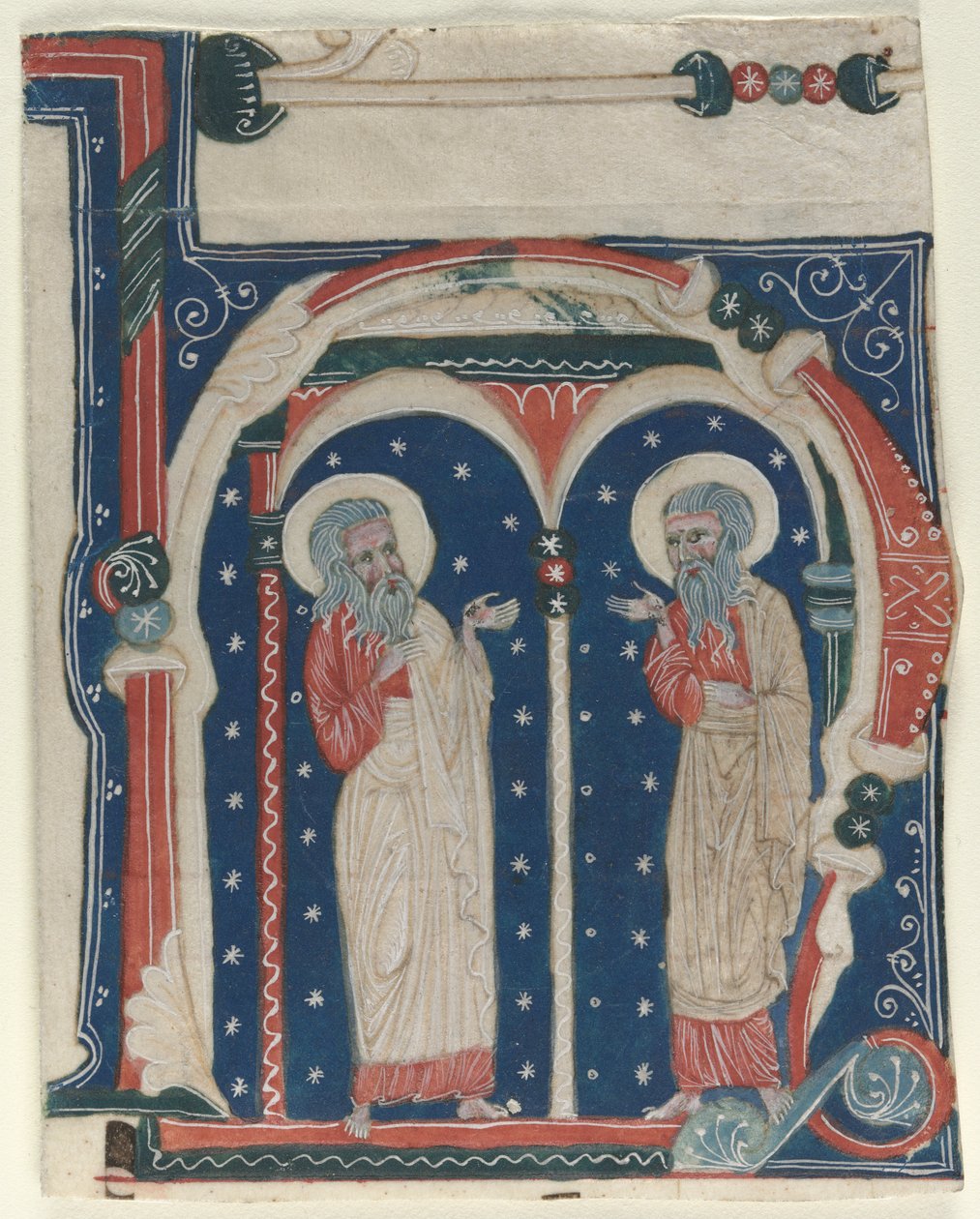 Historikeret initial (H) Udskåret fra et antifonarium: SS. Eremitten Paul og Anthony af Unknown artist
