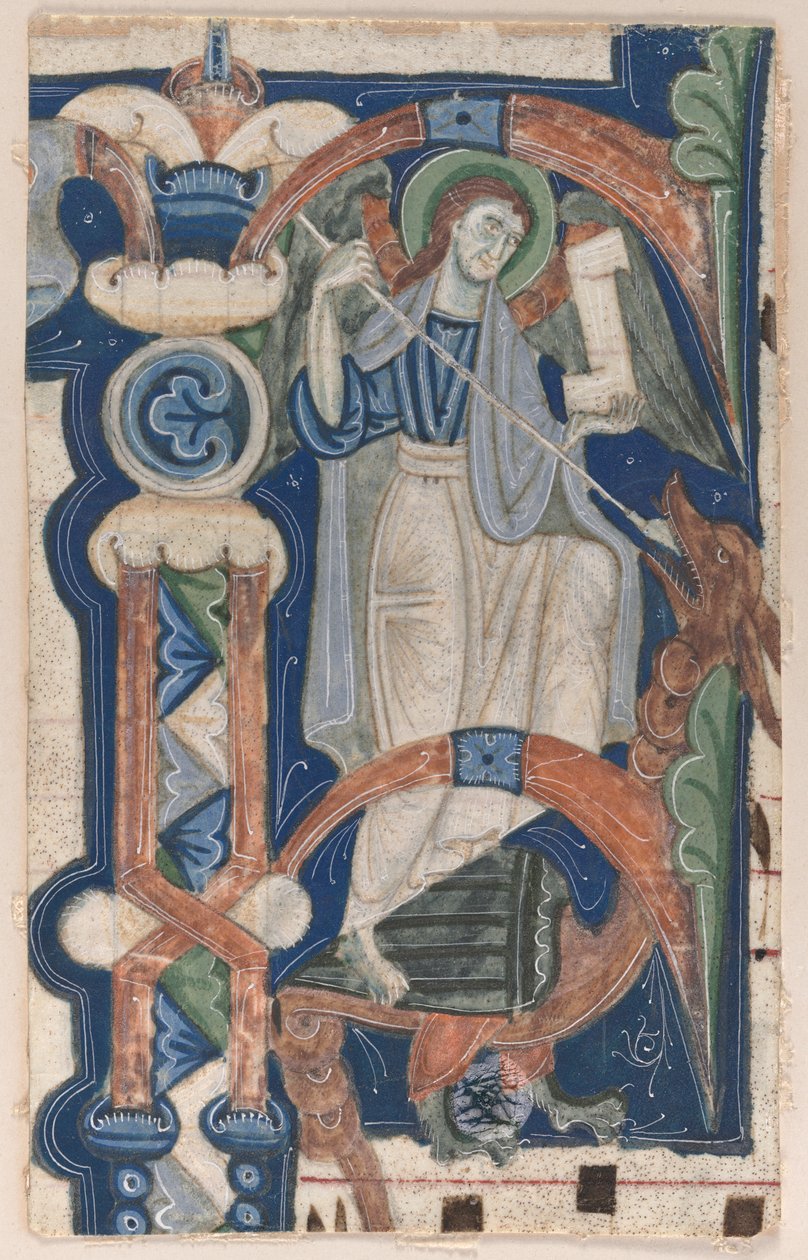 Historieret initial (P) Udskåret fra en korbog: St. Michael og dragen af Unknown artist