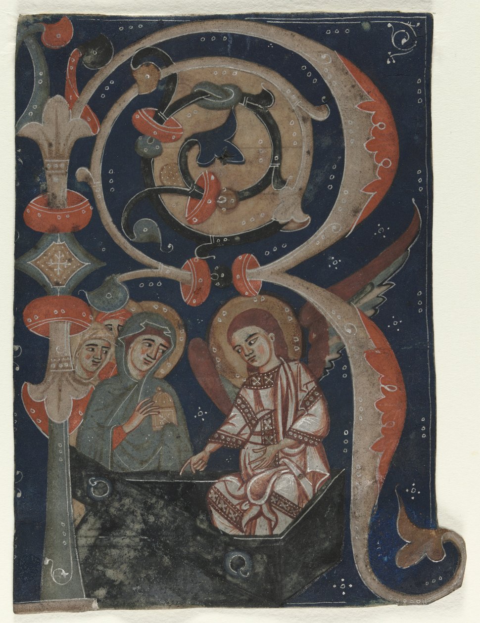 Historikeret initial (R) Udskåret fra en Gradual: The Three Marys at the Tomb af Unknown artist