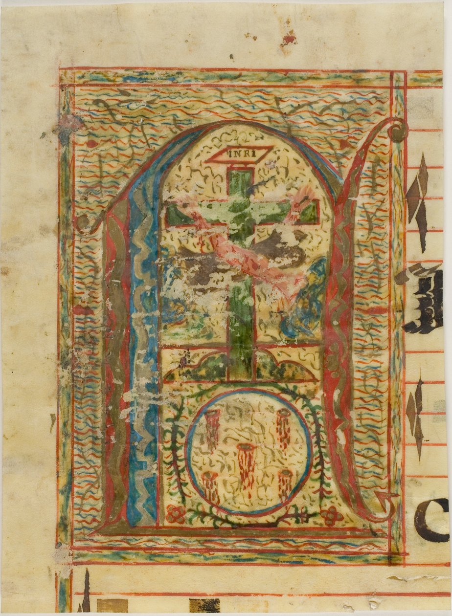 Historiseret initial "N" med krucifiks fra et manuskript af Unknown artist
