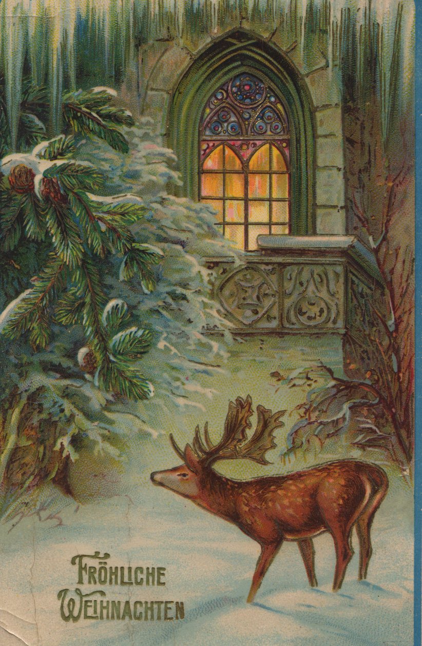 Historisk julekort med et vintermotiv med kronhjort og kirke af Unknown artist