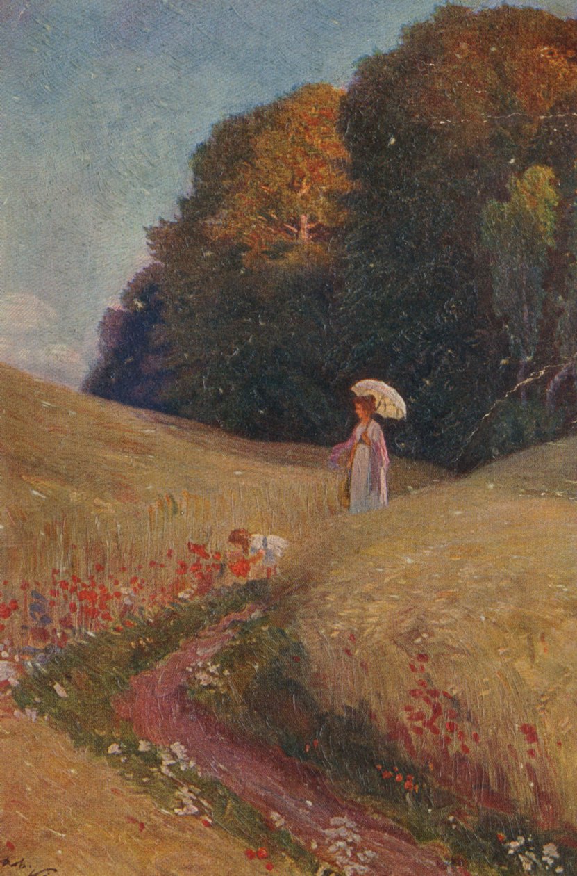 Historisk lykønskningskort efter et maleri, mor og datter går på en blomstereng af Unknown artist