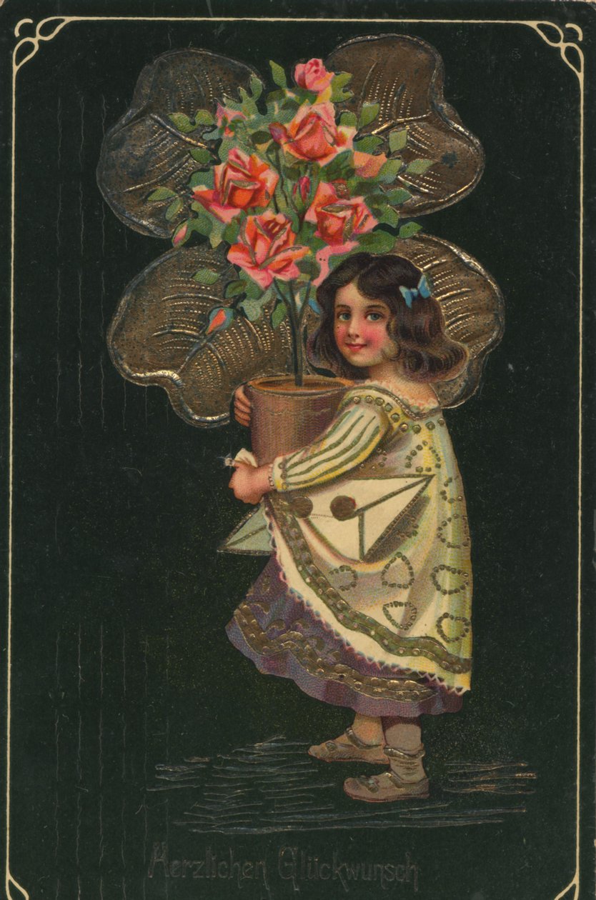 Historisk lykønskningskort med et barn og en stor potteplante, rose af Unknown artist