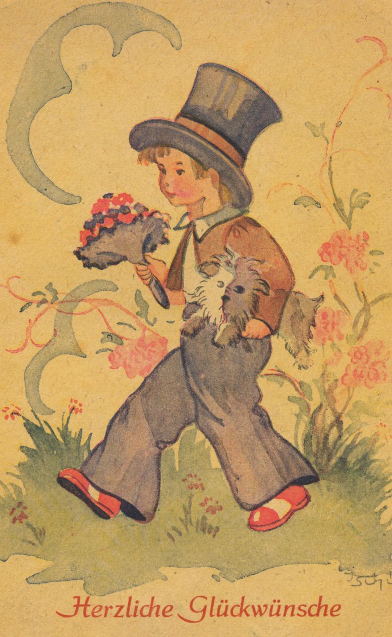 Historisk postkort med en dreng med en buket blomster og en lille hund, lykønskningskort af Unknown artist
