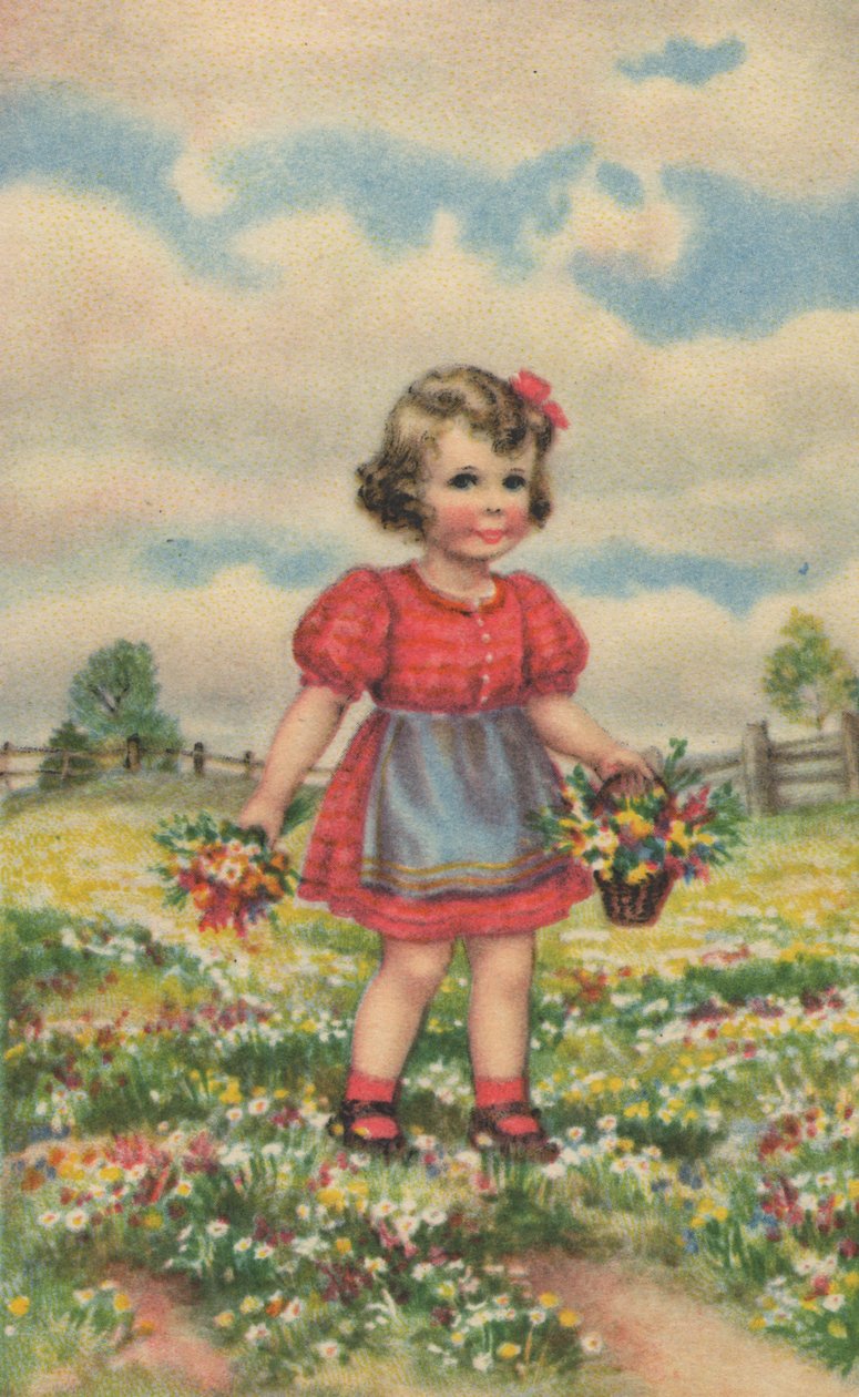 Historisk postkort med en glad pige på engen, lykønskningskort af Unknown artist