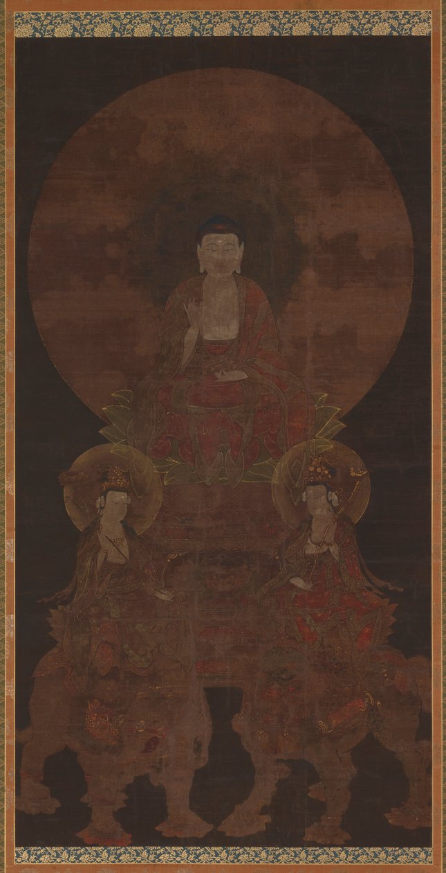Hysterisk Buddha Shakyamuni med Bodhisattvaerne Fugen (Samanthabhadra) og Manju (Manjushri) af Unknown artist