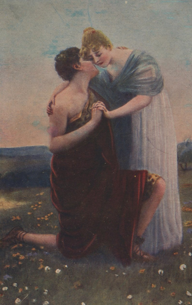 Historisk lykønskningskort med historisk motiv, middelalderens kvinde og kriger af Unknown artist