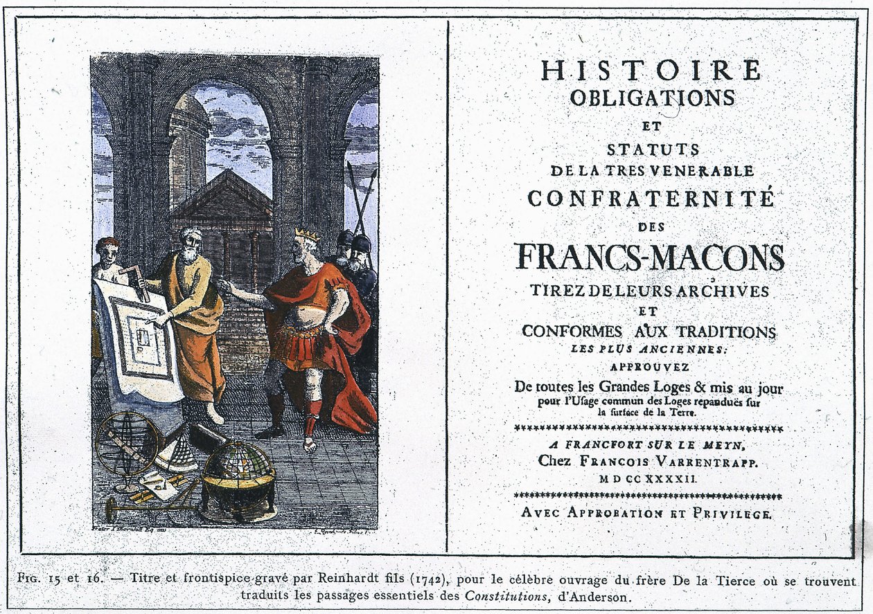 Historieforpligtelser og vedtægter for frimurernes mest ærværdige broderskab: Titel og frontispice indgraveret af Reinhardt Jr. (1742), for det berømte værk af den tredjes bror, hvor de væsentlige passager i Andersons "Con" er oversat af Unknown artist