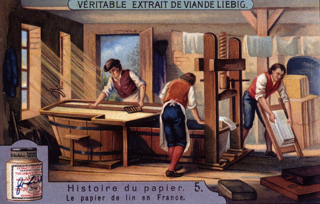 Papirets historie. 5. Linnedpapir i Frankrig. Liebig kromolitografi af Unknown artist