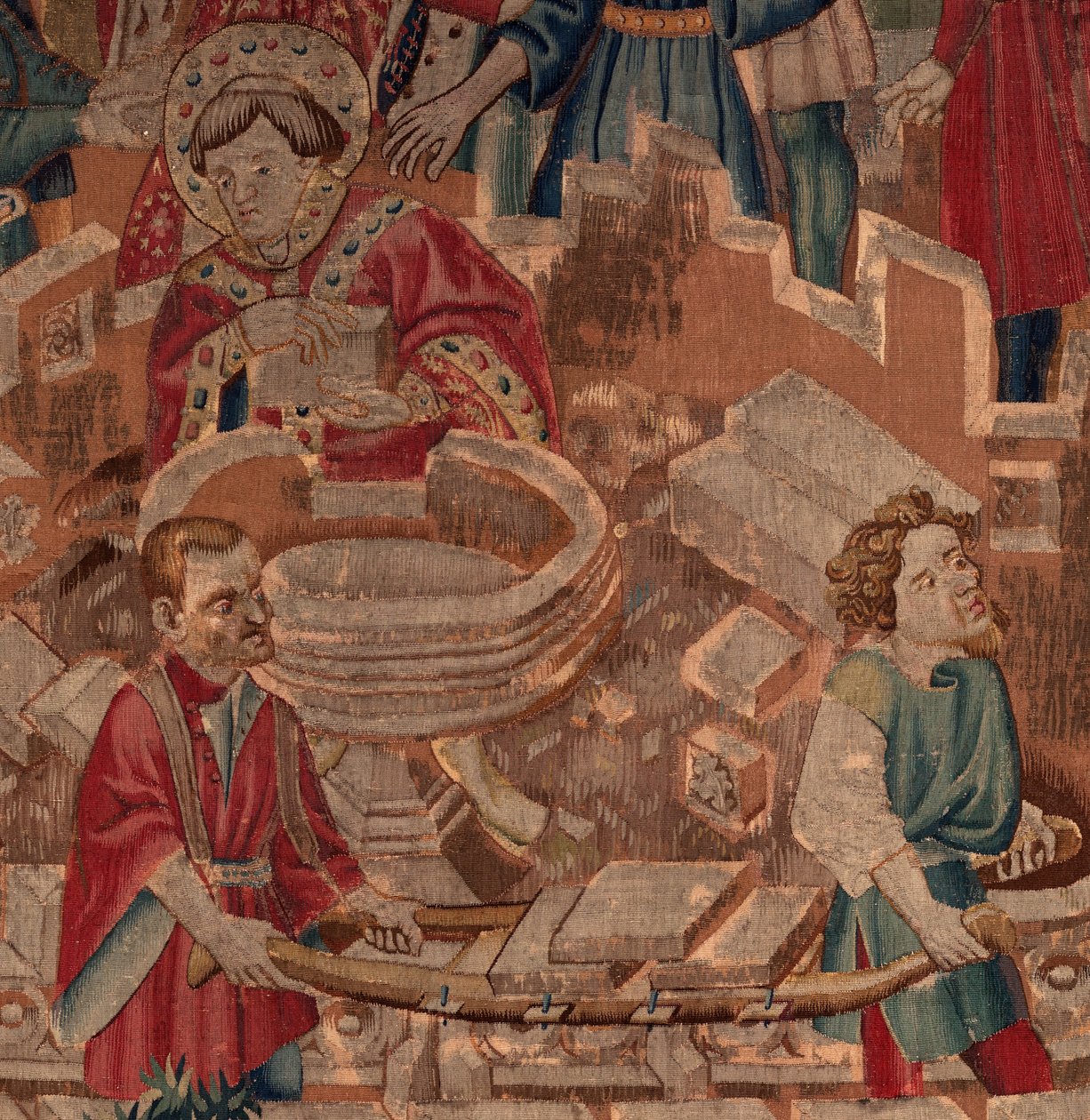 Historien om Saint Piat og Saint Eleuthère, Scene 5, Detail.Mid. Helgenen, murere og døbefonten. af Unknown artist
