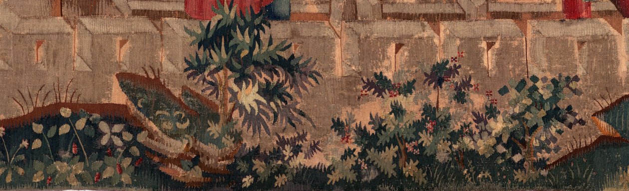 Historien om Saint Piat og Saint Eleuthère, Scene 5 Detalje til venstre nedenfor. Bymure og buske. af Unknown artist